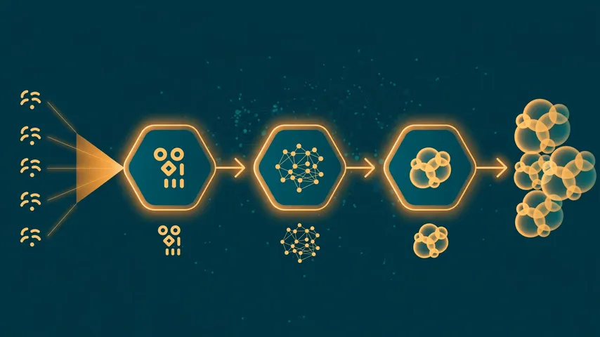 Three glowing pipeline stages: feeds funneling into a neural scoring node, then merging into clustered event bubbles