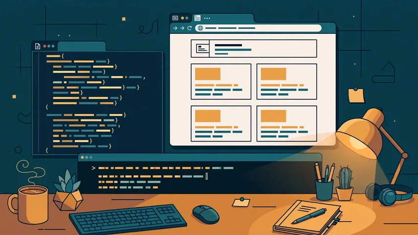 A desk with a code editor beside a browser showing a freshly launched news site homepage