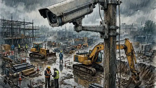 An old CCTV camera overlooking a construction site
