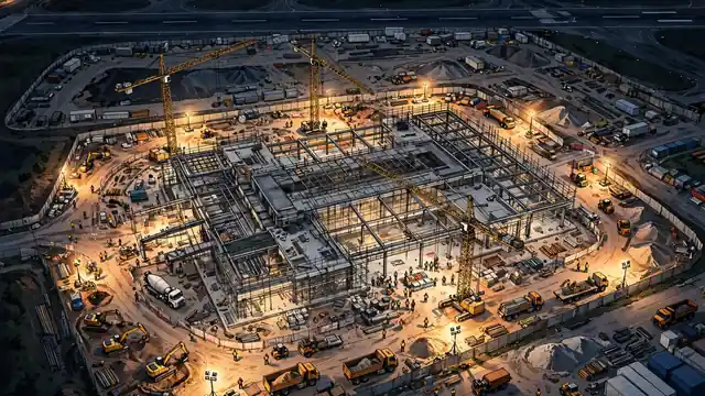 A large airport construction site at night