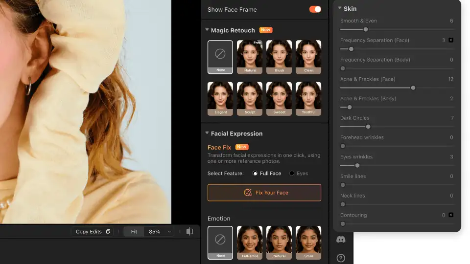 Close-up of Airbrush Studio's AI portrait retouching workspace