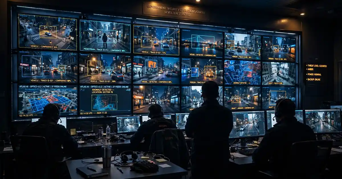 Illustration of a government security operations center with AI-analyzed surveillance feeds
