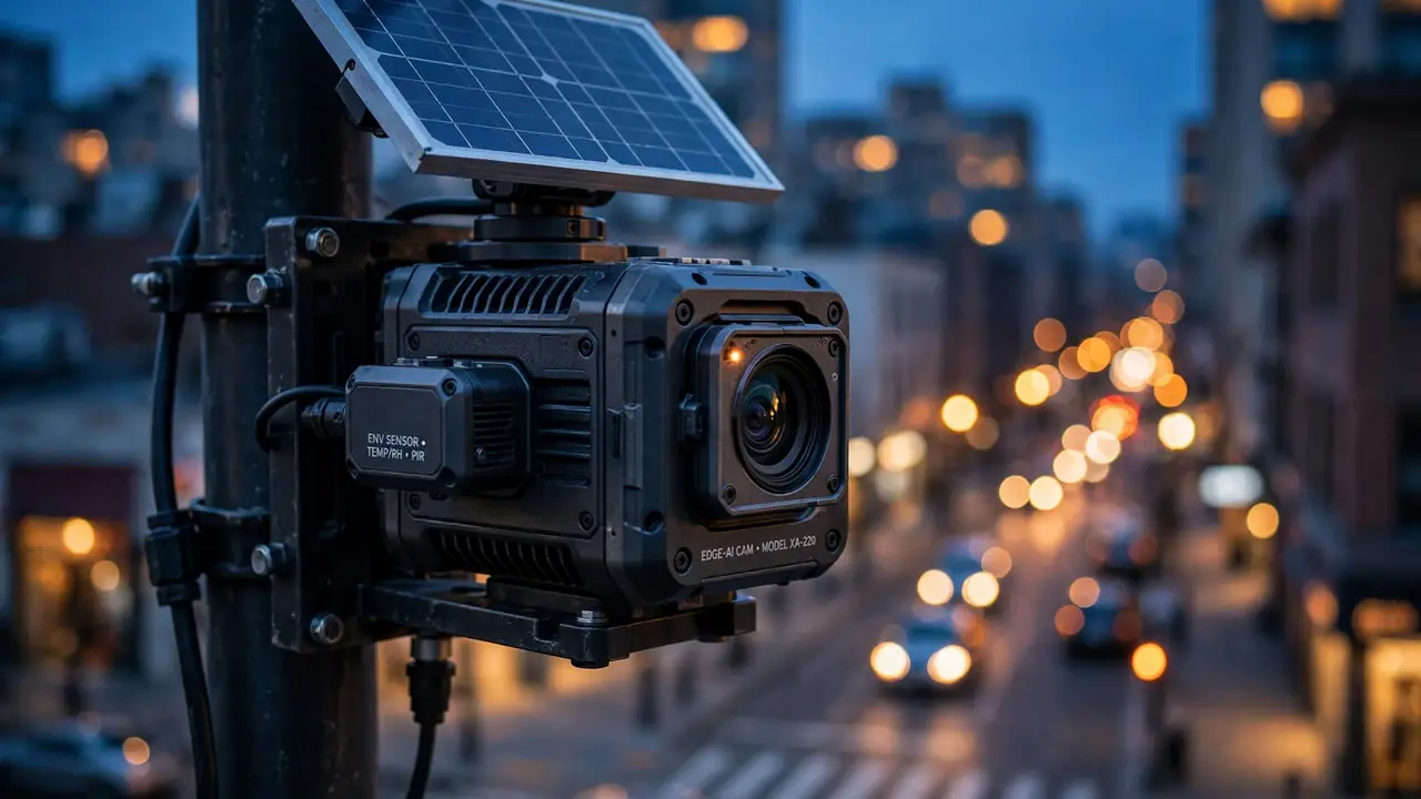 Illustration of a rugged edge-AI camera appliance mounted on a pole overlooking a city street at dusk