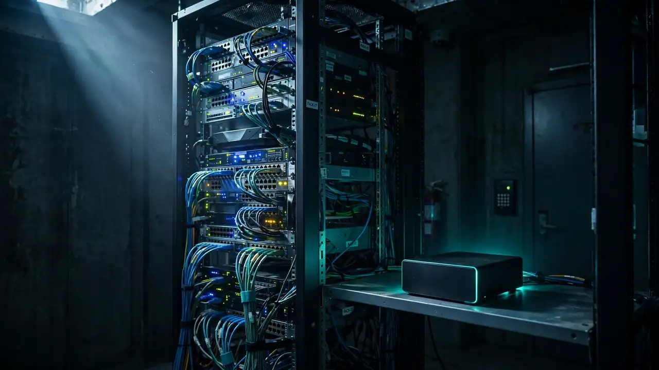 Illustration of a secure on-premises server room rack with glowing edge compute hardware