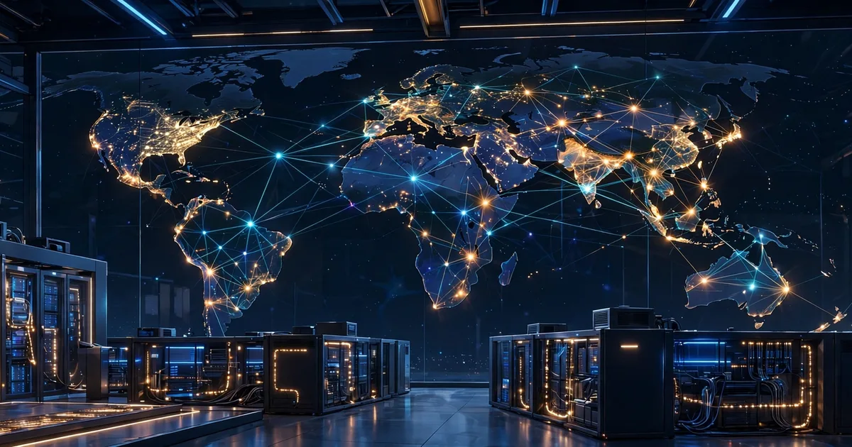 A global edge network of glowing nodes connected across a dark world map, with a data center hall in the foreground