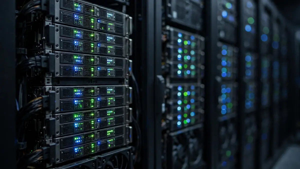 A row of GPU server racks in a dark data center aisle