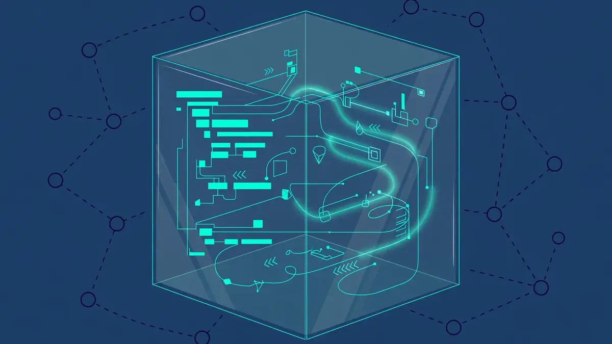 An AI agent's code running inside a transparent protective box, separate from the surrounding network