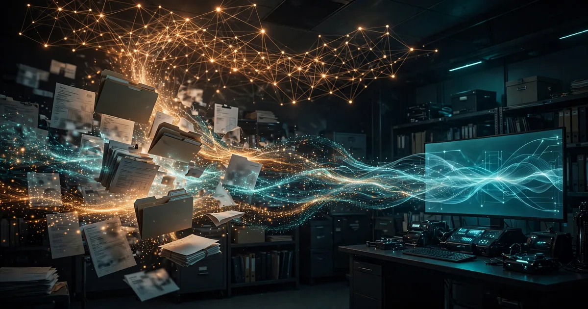 A neural network streaming patient medical charts into a digital coding console in a hospital records room
