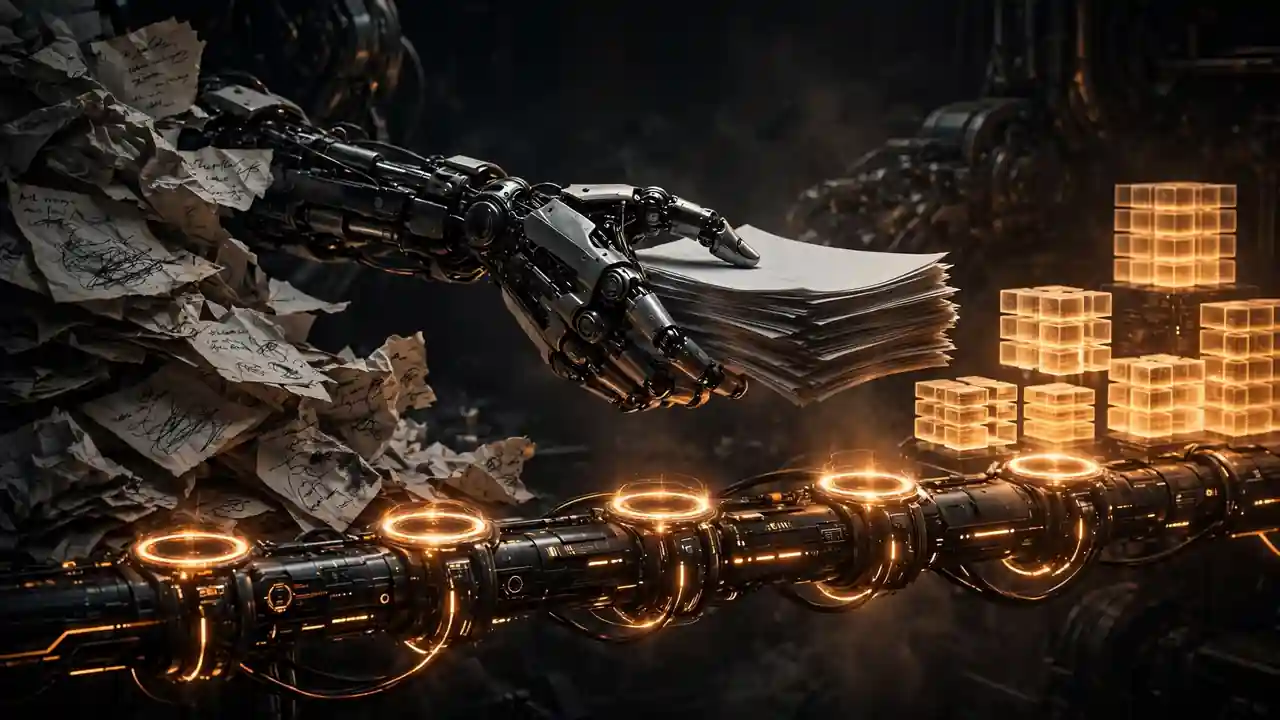 Clinical documents moving through a glowing revenue-cycle pipeline into structured data
