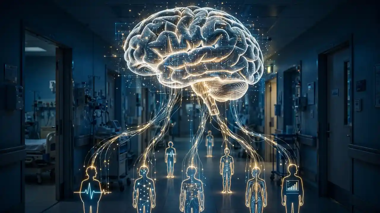 A glowing AI model fine-tuning itself into distinct patient-record streams above a hospital corridor