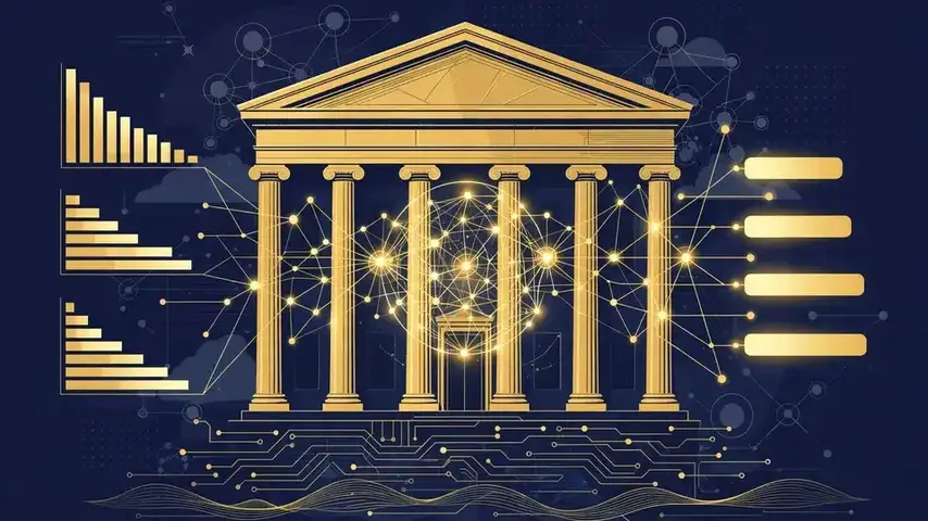 Illustration of a classical bank building intertwined with neural network lines