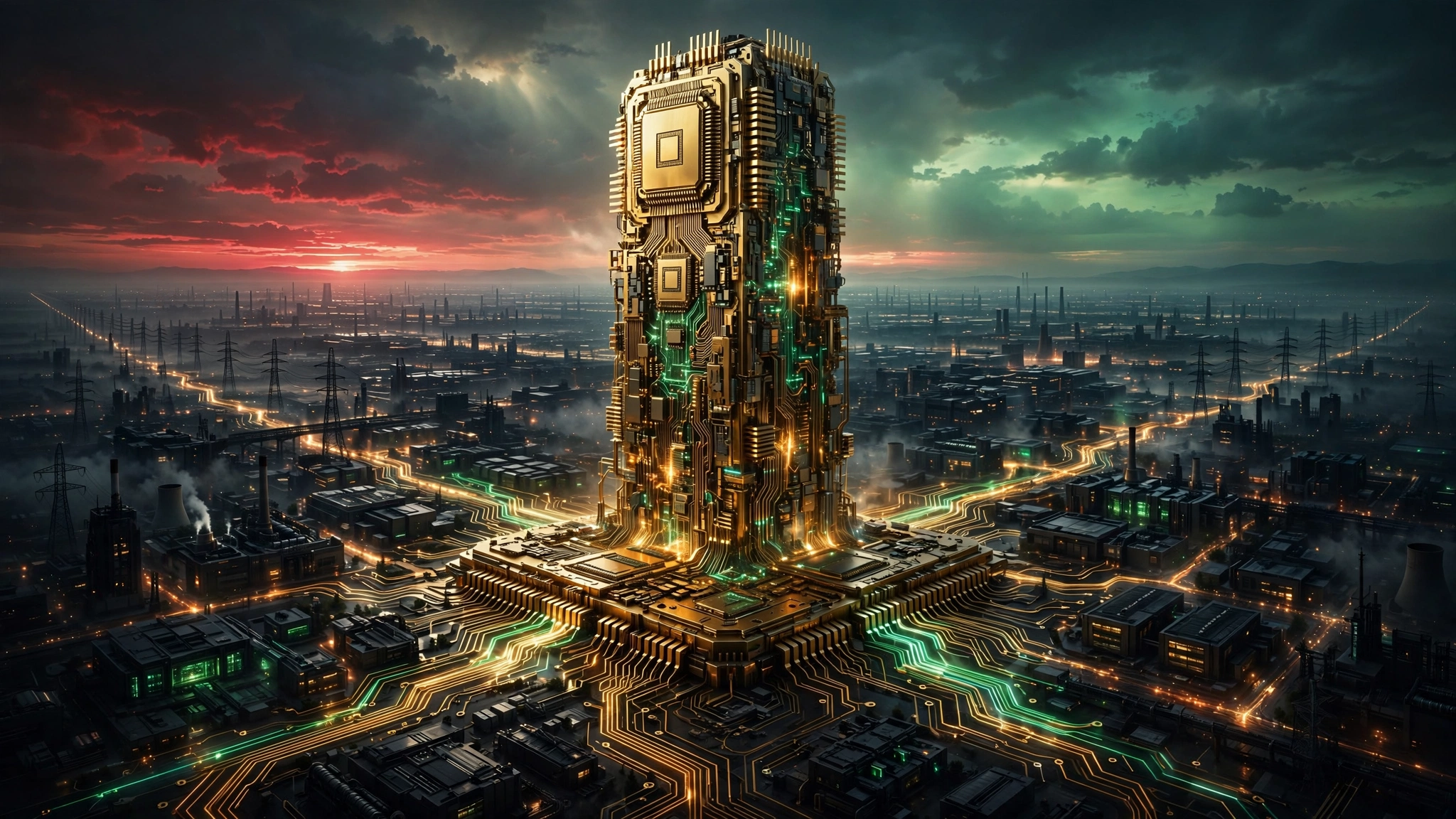 Editorial illustration of a colossal golden AI chip rising like a monument over a data-center cityscape at dawn, symbolizing Alibaba's bid for AI self-reliance