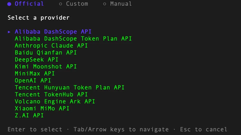 OpenCodeReview provider setup screen showing supported LLM providers