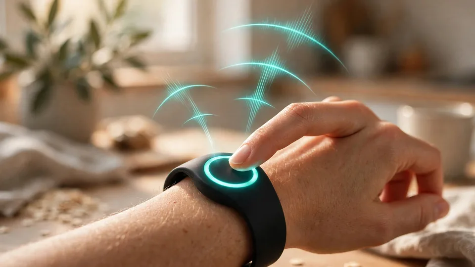 A wristband with a glowing Halo module: tapping it lets the wearer speak to the AI health agent