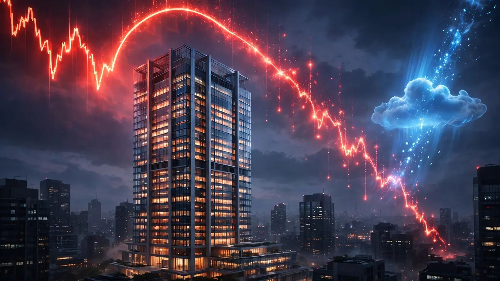 A glass office tower at dusk beneath a plunging red stock chart line, with a glowing blue cloud rising beside it