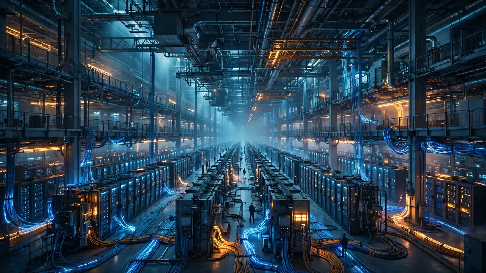 A vast data center hall with rows of server racks and glowing cables