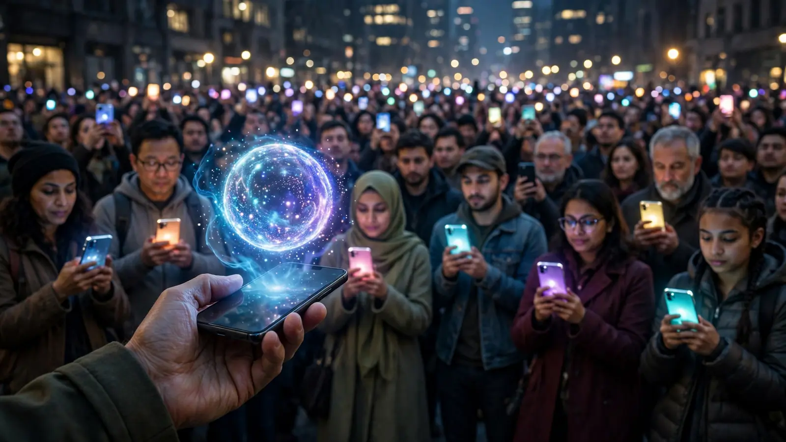 A crowd of people holding glowing smartphones, with a bright AI orb rising above one handset