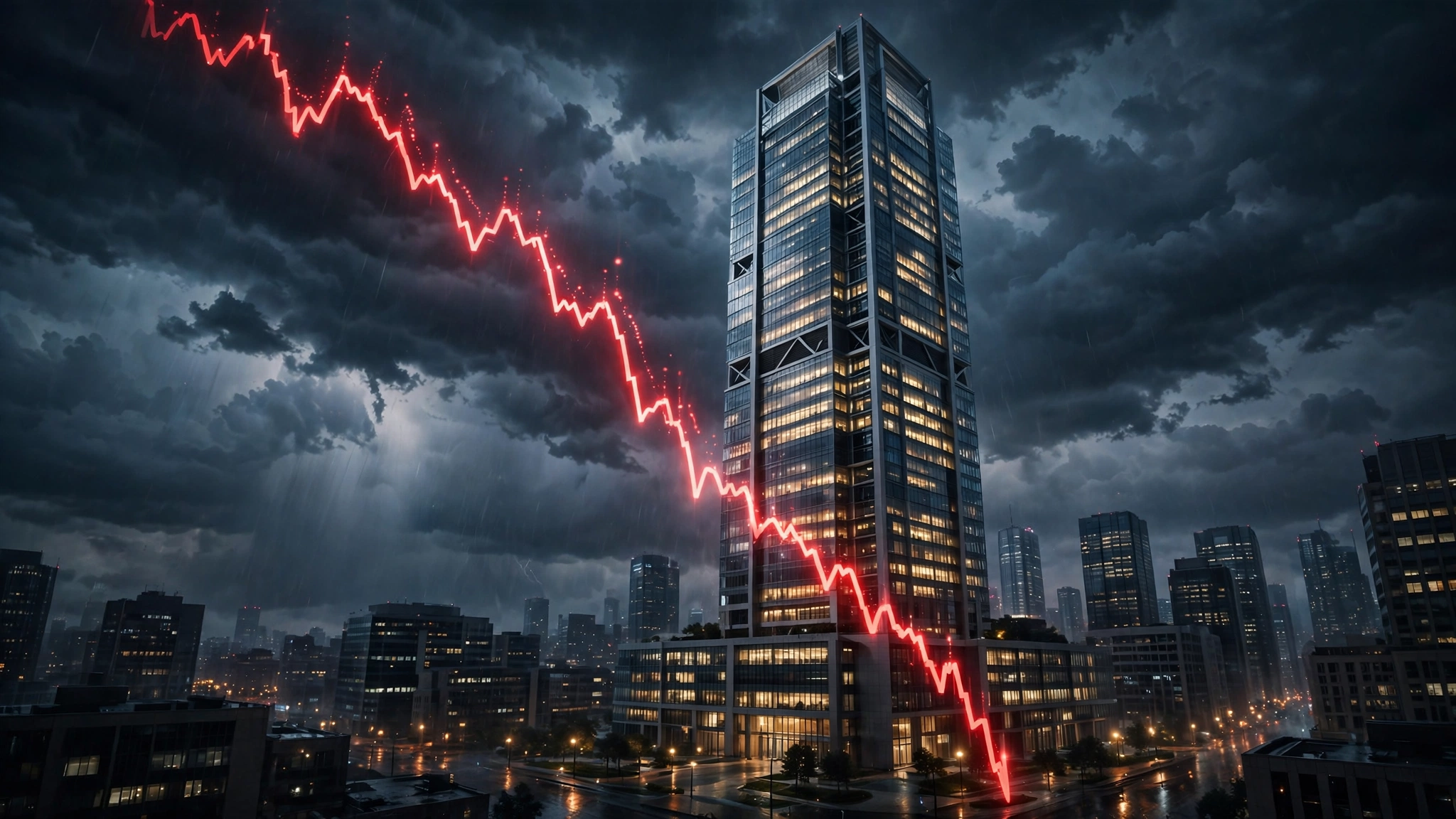 A glass skyscraper at dusk under storm clouds with a steep red stock chart plunging across the sky