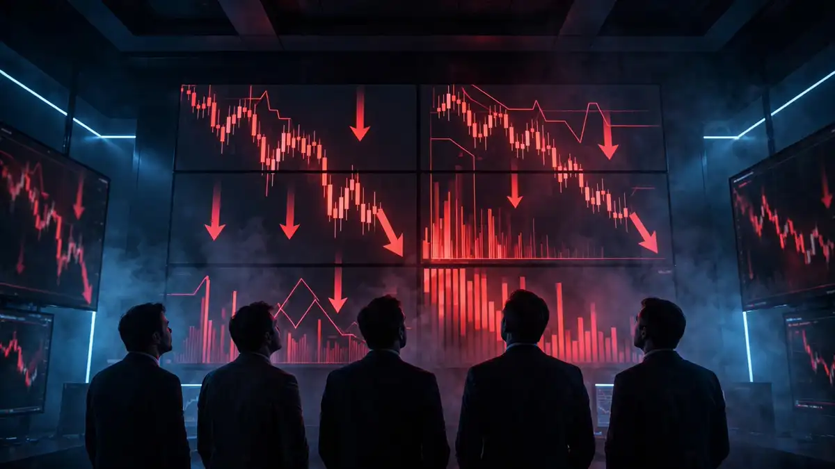 Traders watching wall screens covered in falling red stock charts
