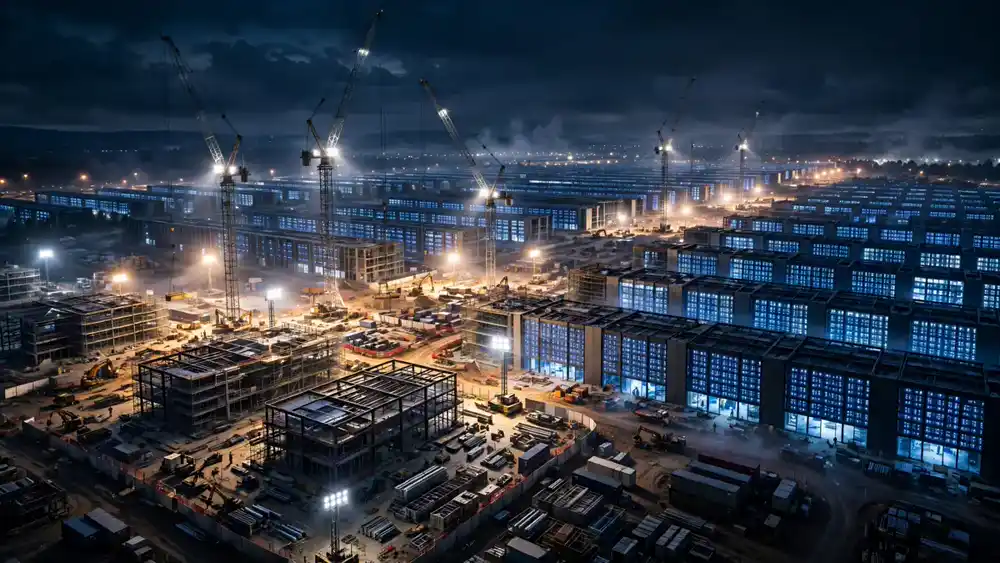 A vast data center campus under construction at night, lit by floodlights and cranes