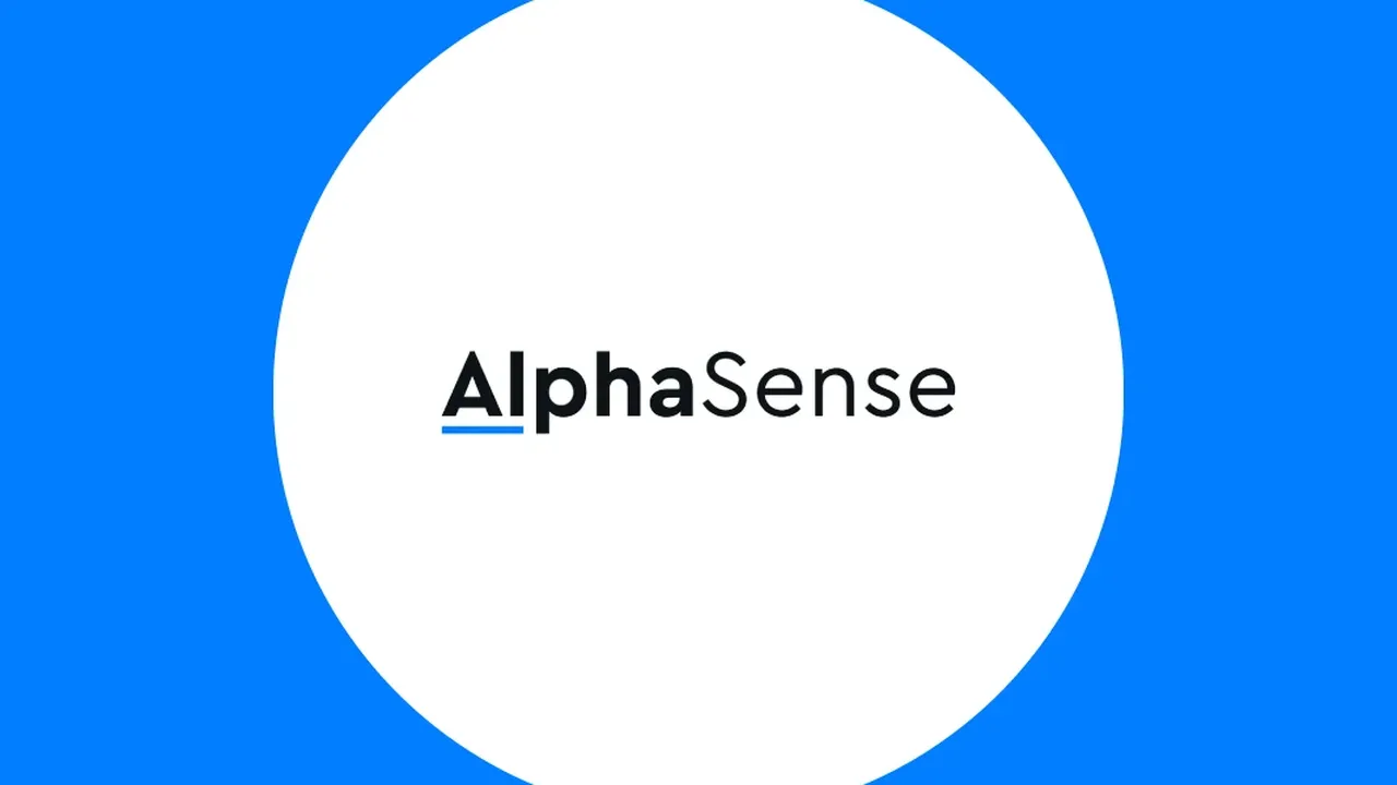 The AlphaSense wordmark in black and blue inside a white circle on a blue background.