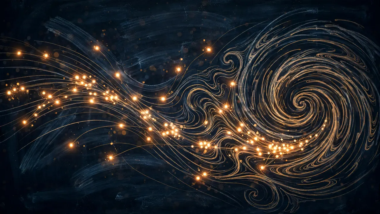 Glowing agent lights swarming over flowing curves toward a large vortex, an illustration of many AI agents working on a mathematics problem
