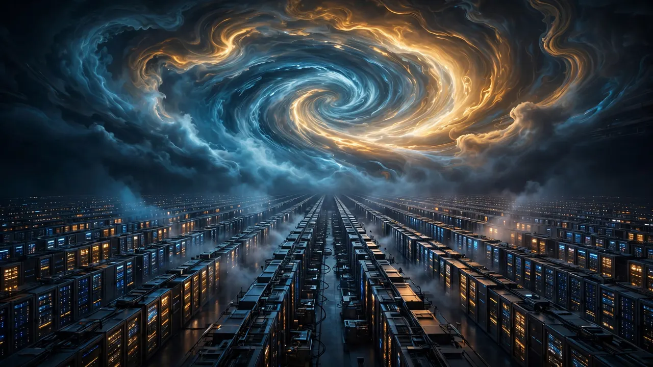 A vast data-centre hall with glowing server rows beneath a swirling storm vortex, illustrating the scale of compute behind AI mathematics