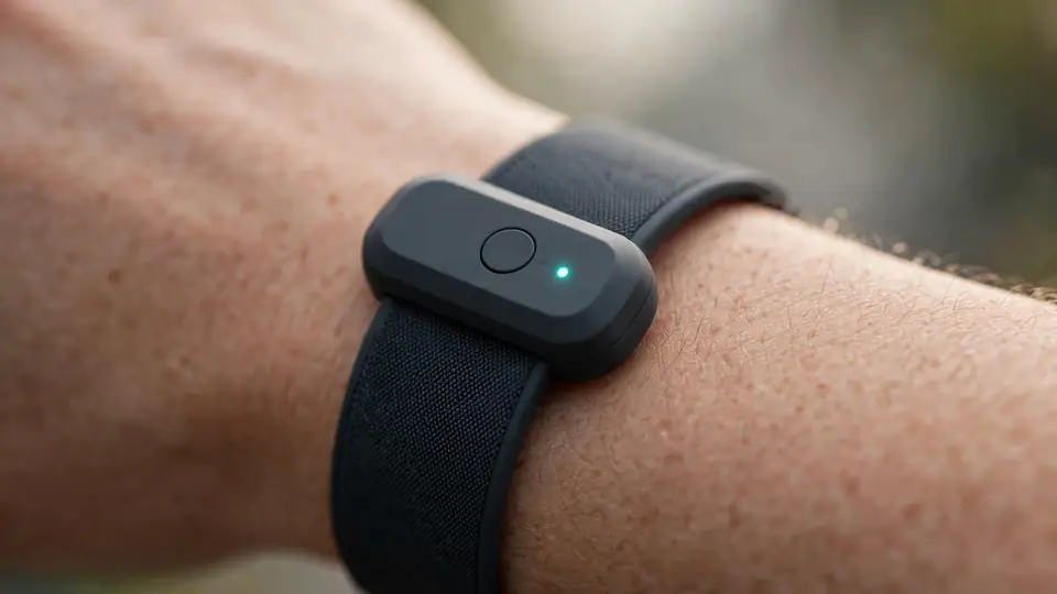 Concept render of a Bee-style AI wearable on a wrist with a glowing indicator light