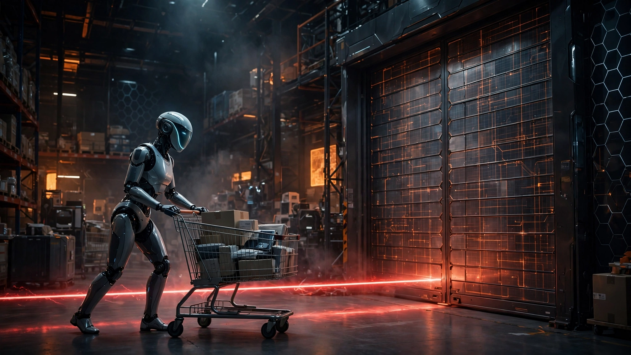 An AI robot pushing a shopping cart stopped by a glowing red barrier in front of a closing digital storefront gate