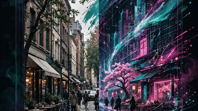 An illustration of real-time AI video editing, with one half of a street scene photorealistic and the other being repainted live