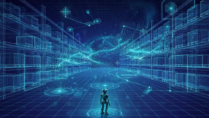 An illustration of a small robot inside a translucent 3D simulated warehouse environment