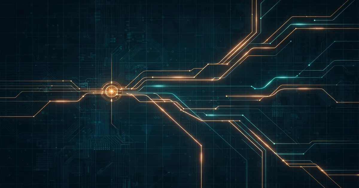 A small glowing decision node branching into luminous pathways over a dark blueprint-style circuit grid