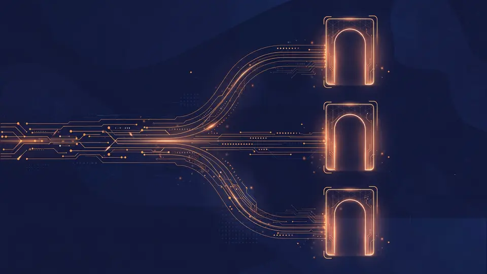 An AI agent workflow pathway splitting through three glowing checkpoint gates on a dark navy background