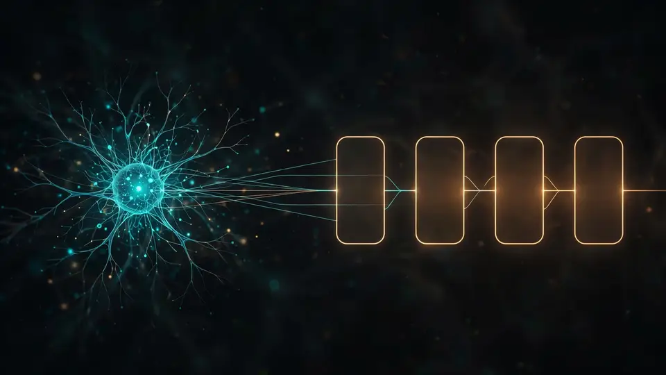 One small bright neural node connecting via fine lines to a row of option slots in teal and amber