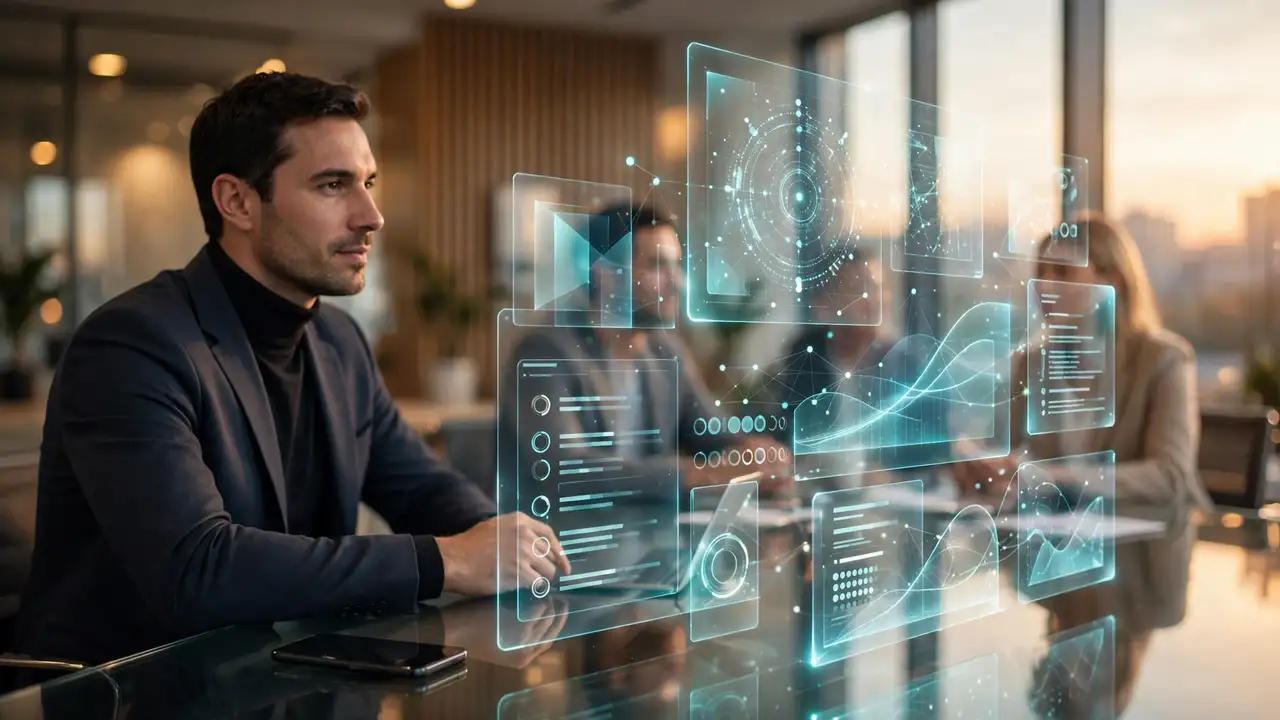 A professional in a meeting with AI suggestion panels surfacing mid-conversation