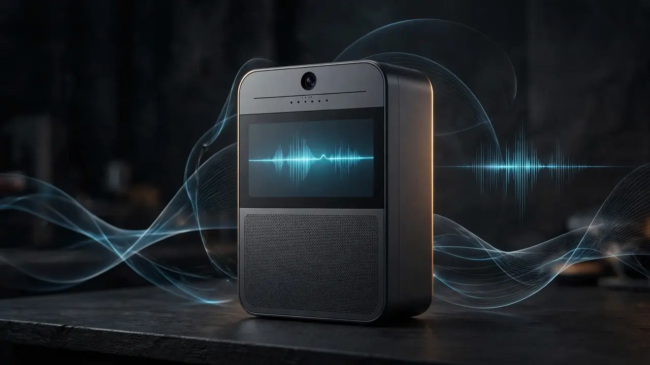Concept of an ambient AI hardware device with screen, speaker and camera on a desk