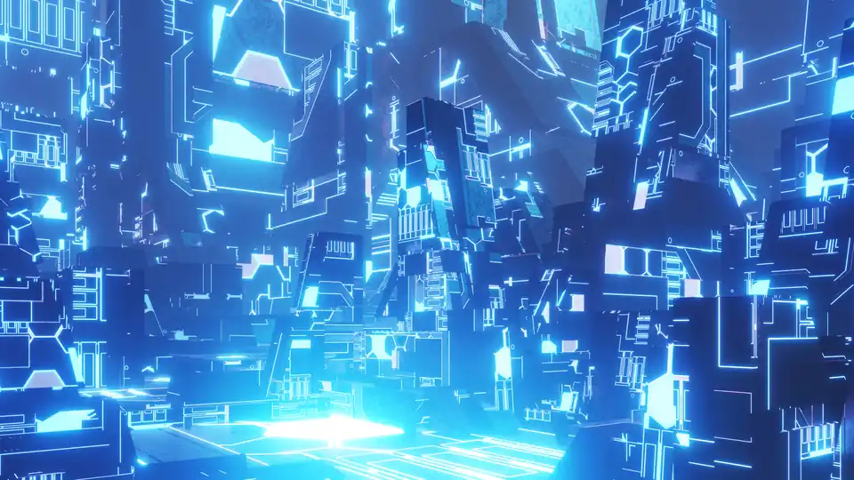 A 3D-rendered cyber city, like the environments World Labs’ models generate