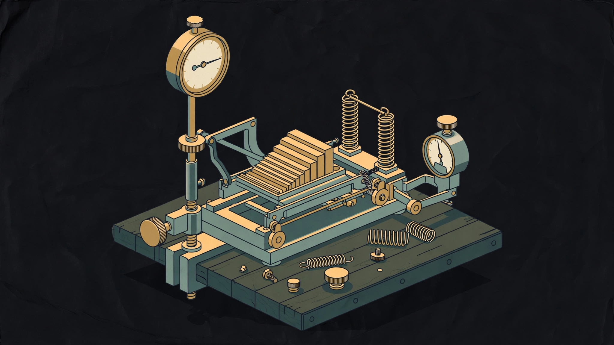 Illustration of an isometric dial-gauge test rig with springs, knurled knobs and gauge blocks on a bench