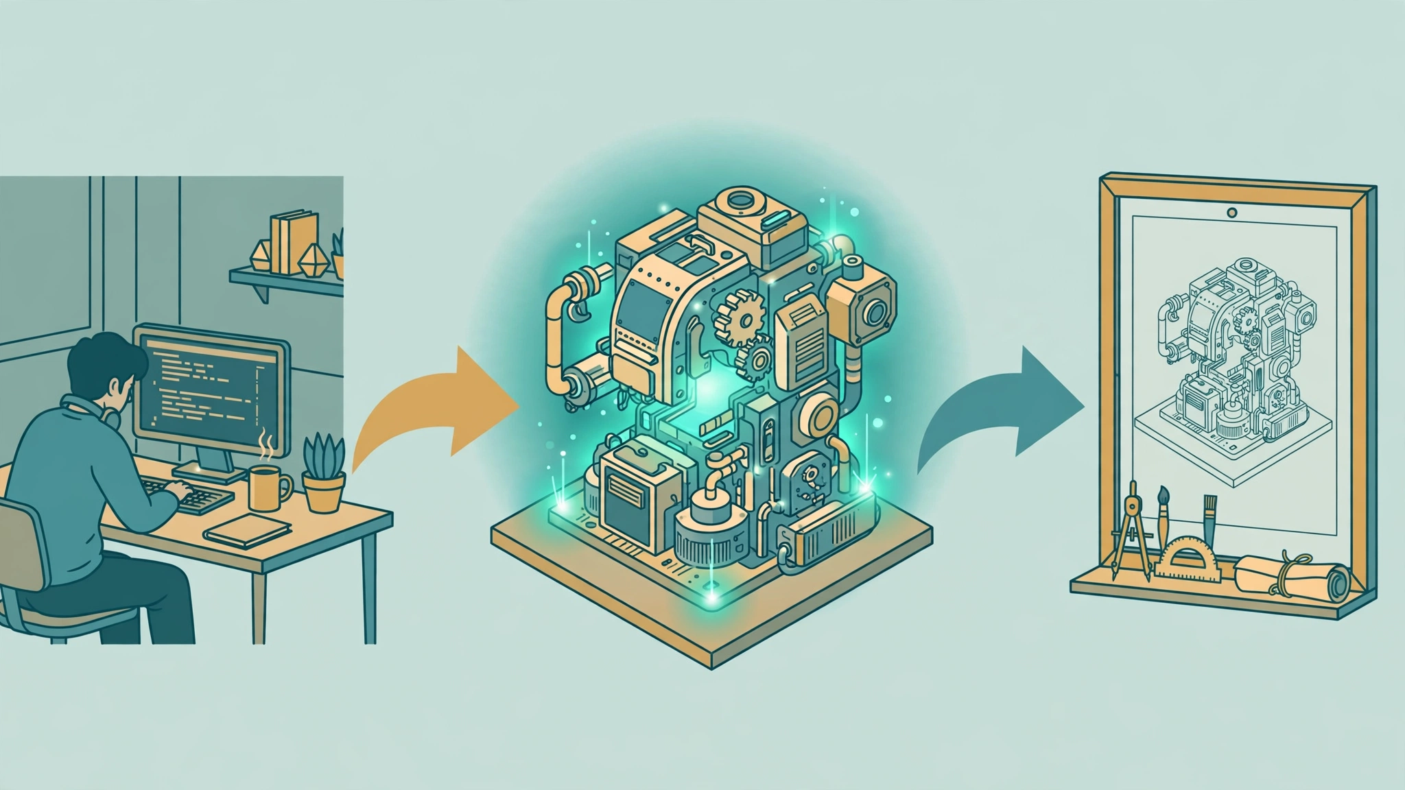 Diagram of the Anatomy workflow: a developer prompts an agent, the agent builds an isometric machine model, and the result is a framed technical illustration