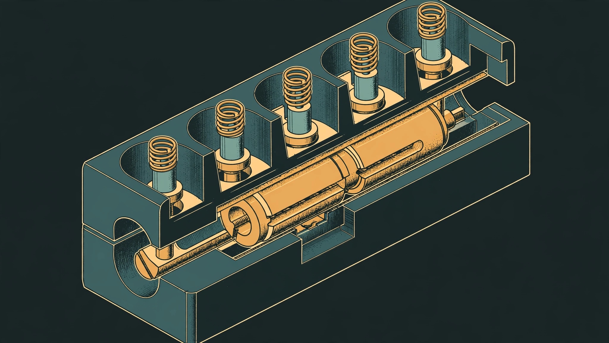 Illustration of a pin-tumbler lock cutaway with pins, springs and a turning plug, the kind of machine Anatomy invents to explain a concept