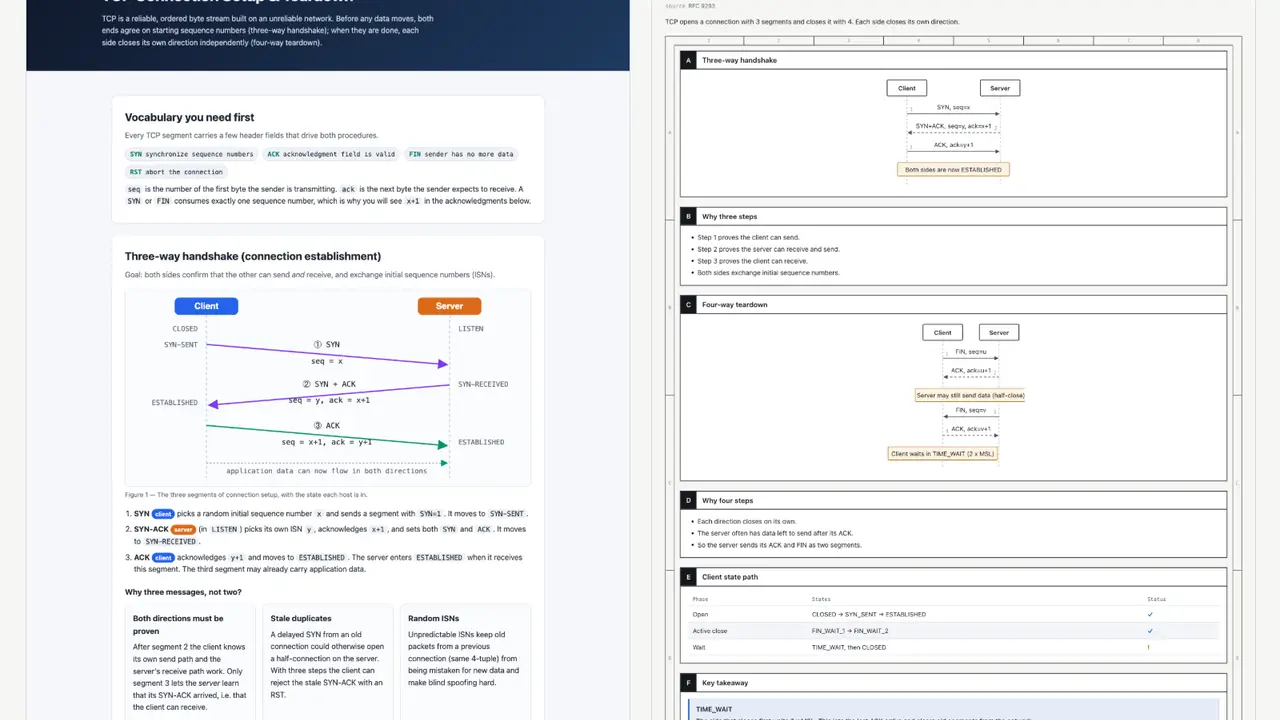 Side-by-side comparison: the same TCP question answered as plain terminal text on the left and as a formatted page with diagrams on the right