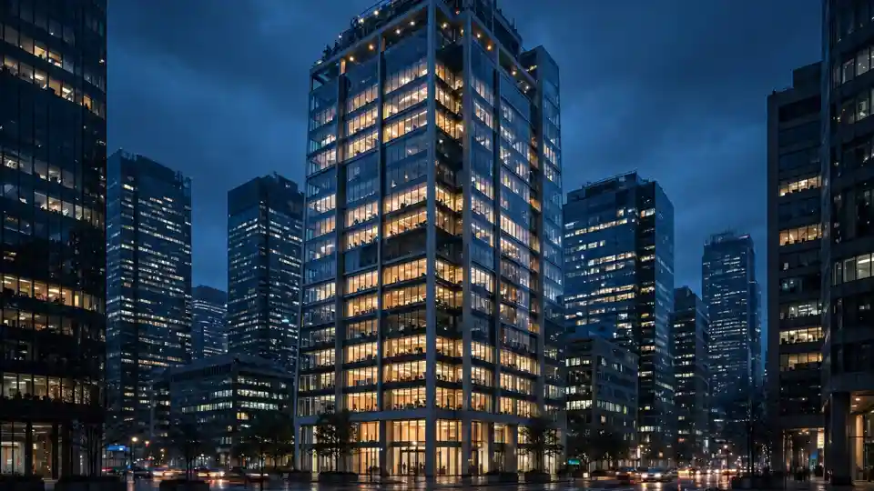 Financial district towers at dusk