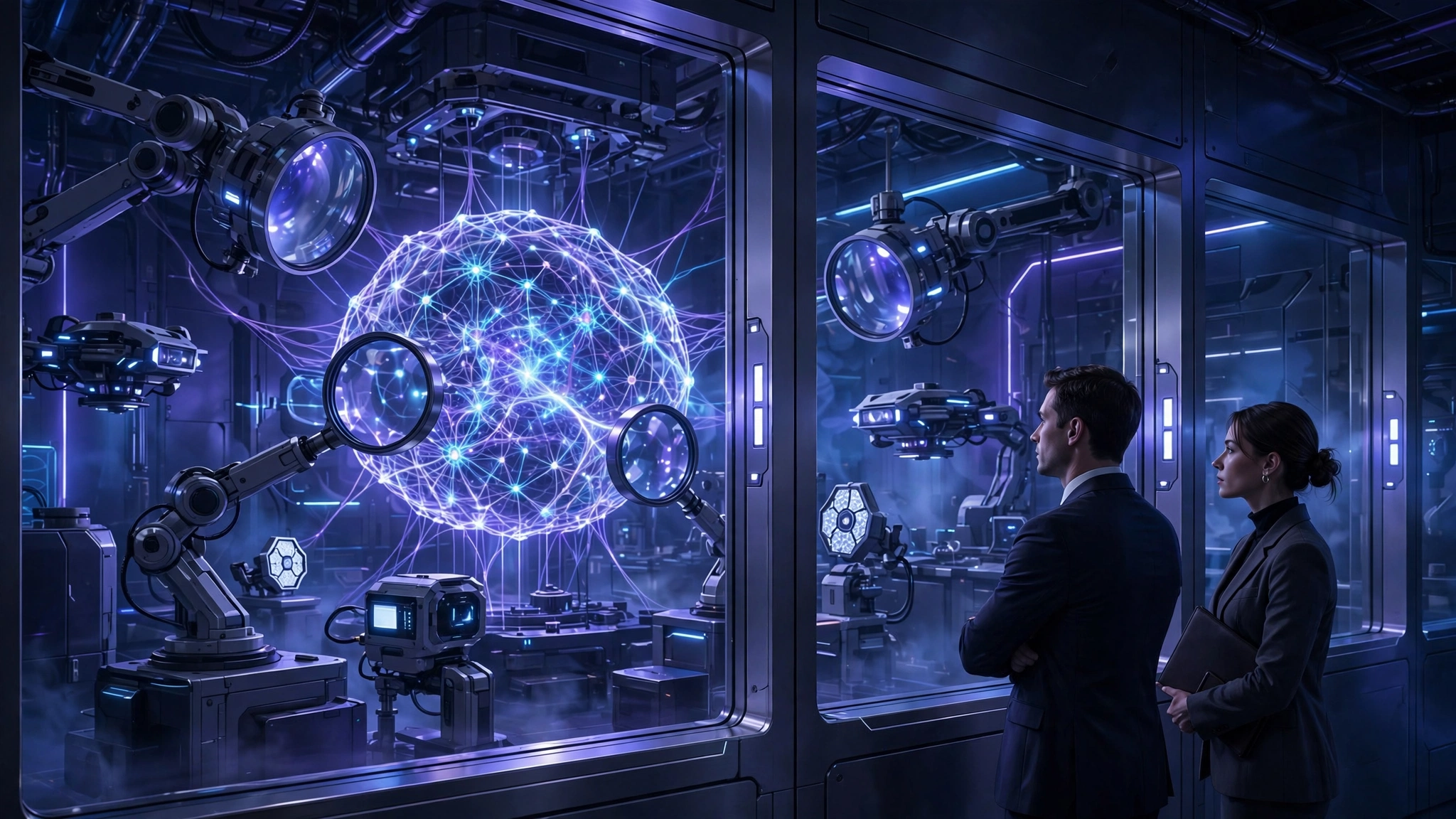 Independent auditors observing a glowing AI model core through glass walls inside a futuristic research laboratory