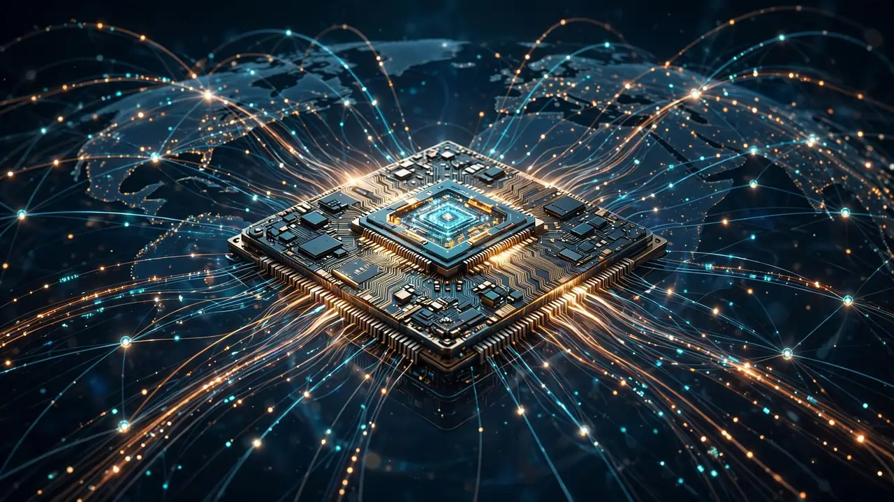 Illustration of a CPU chip over a globe of network connections
