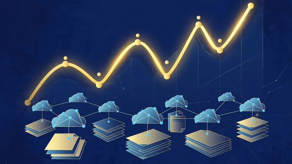 Illustration of a rising growth chart over cloud computing nodes and data stacks