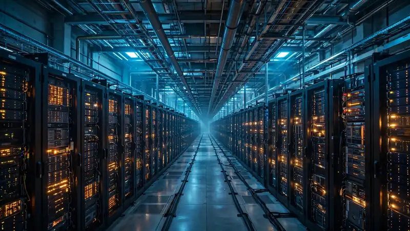 Illustration of a data center corridor lined with server racks