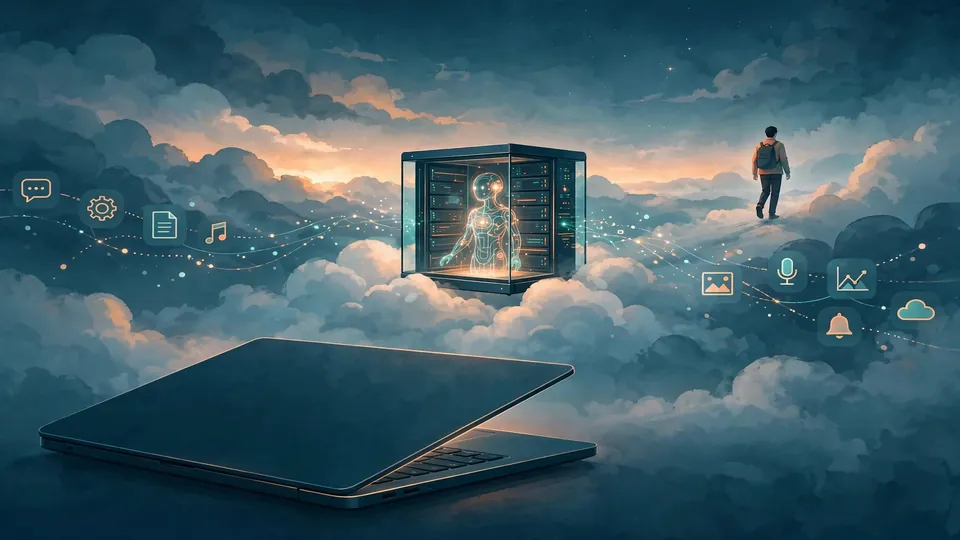An AI assistant working inside a cloud server while a person walks away