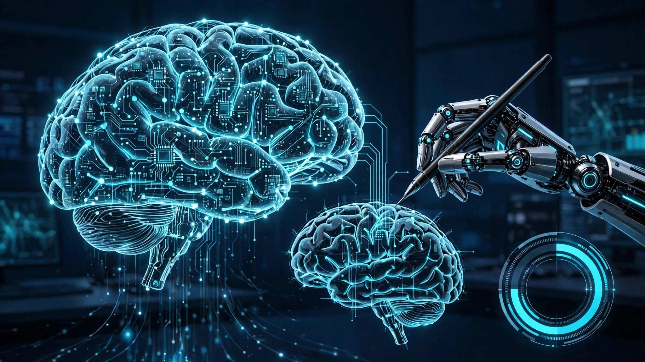 Editorial illustration of a robotic arm sketching a new circuit-brain beside a larger one, with a circular progress gauge
