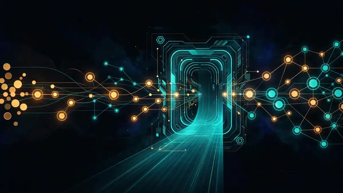 Abstract illustration of an AI scanner checking a stream of code commits