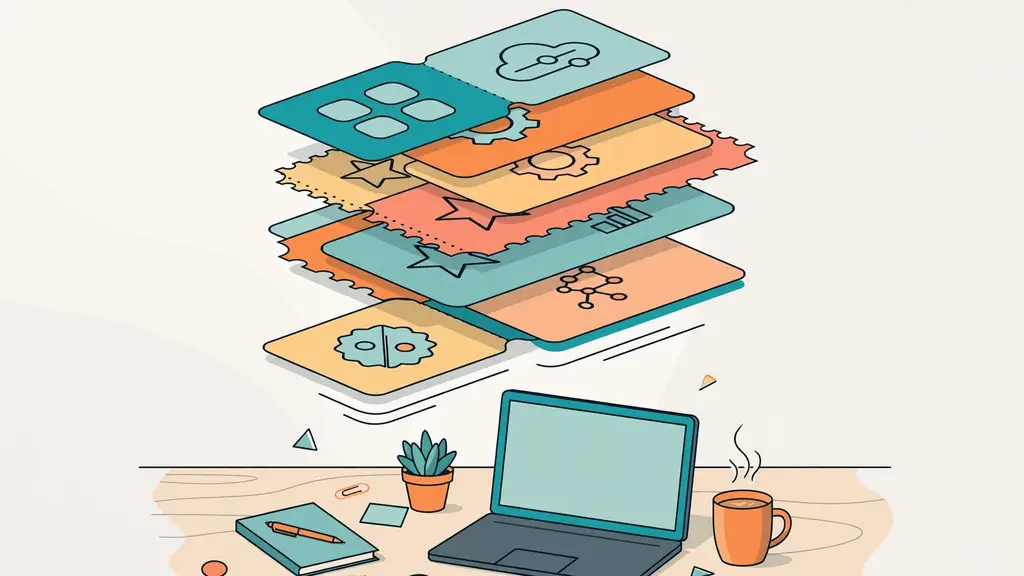 A floating stack of colorful partner-perk cards and coupon tiles over a founder's desk with a laptop and coffee mug.